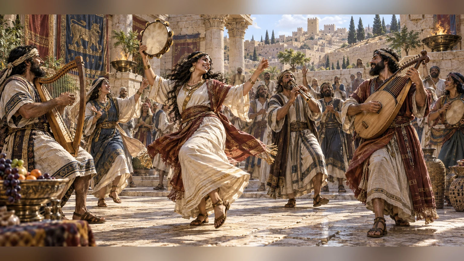 Tambourine, strings, pipe, and dancing bring bodies into the rhythm.