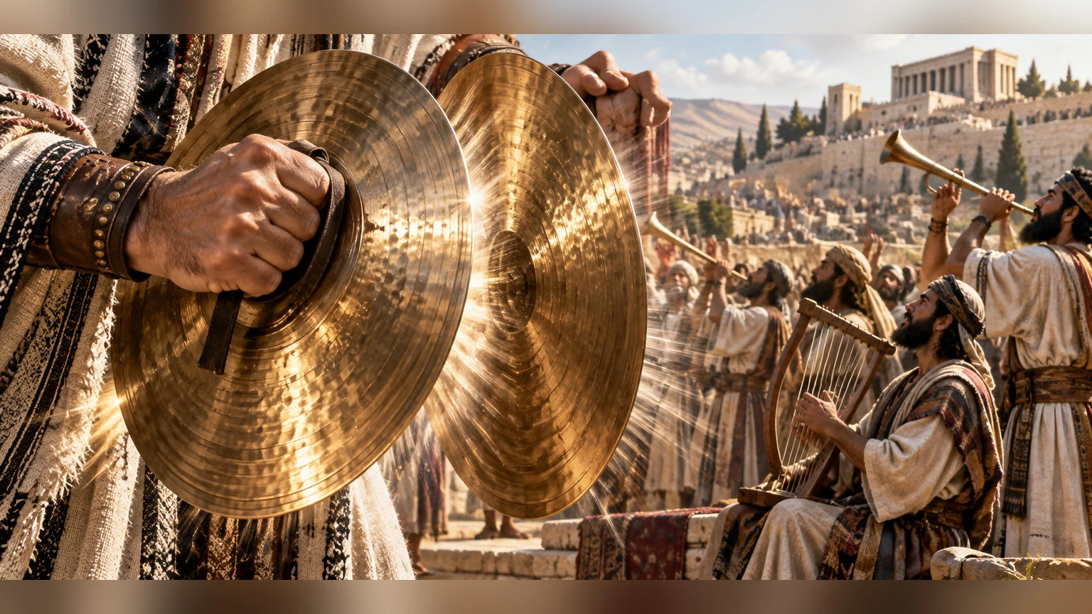 Brightly struck cymbals form the visual crescendo.