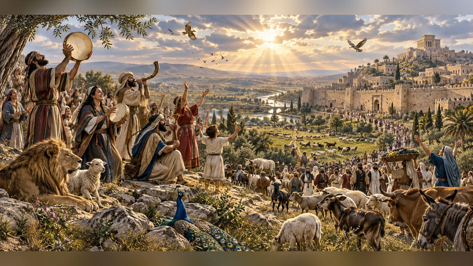 Pull back to a wide living world—people and breathing creatures—in the final invitation to praise.