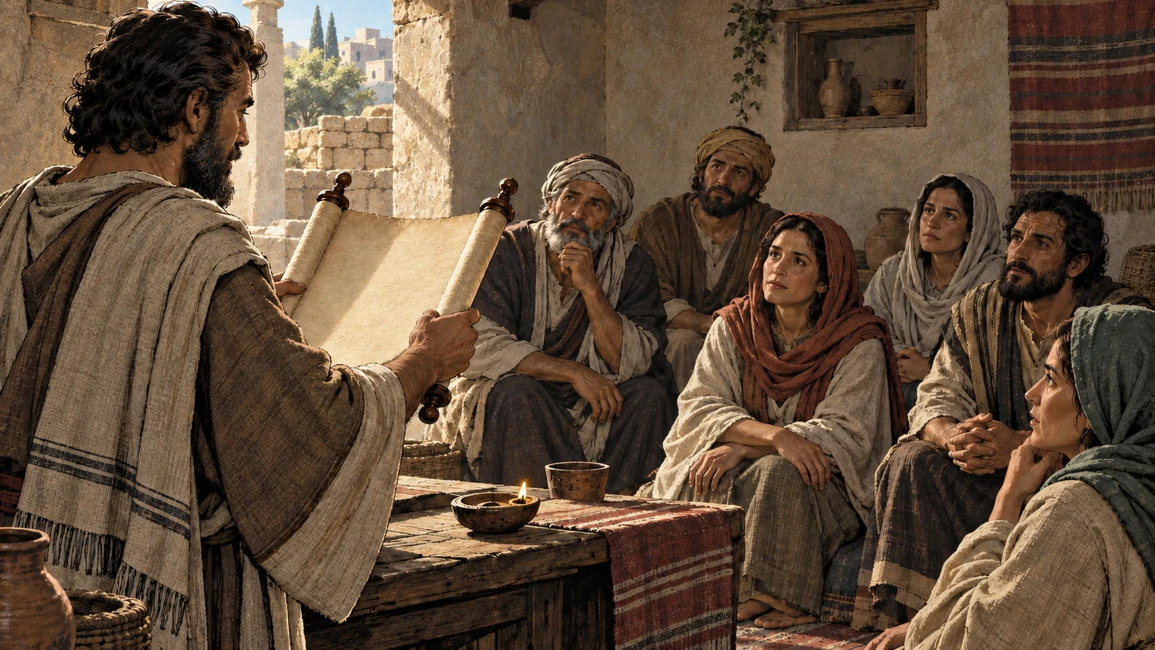 An anonymous reader holds a blank scroll before attentive listeners.