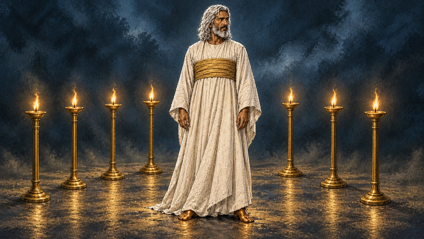 One like a son of man stands among seven separate golden lampstands.