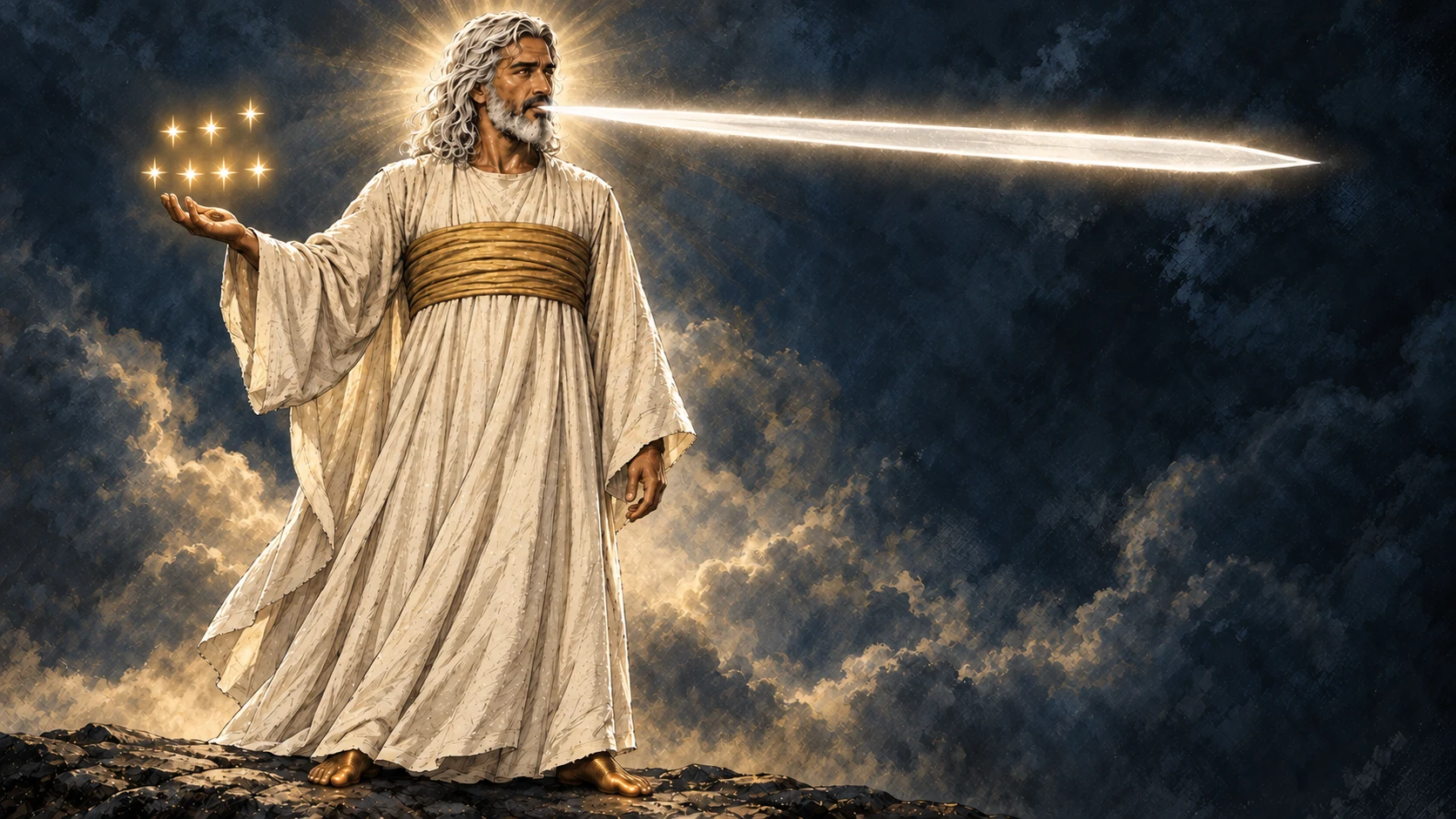 Christ’s right hand holds seven stars, and blade-shaped light issues from his mouth.