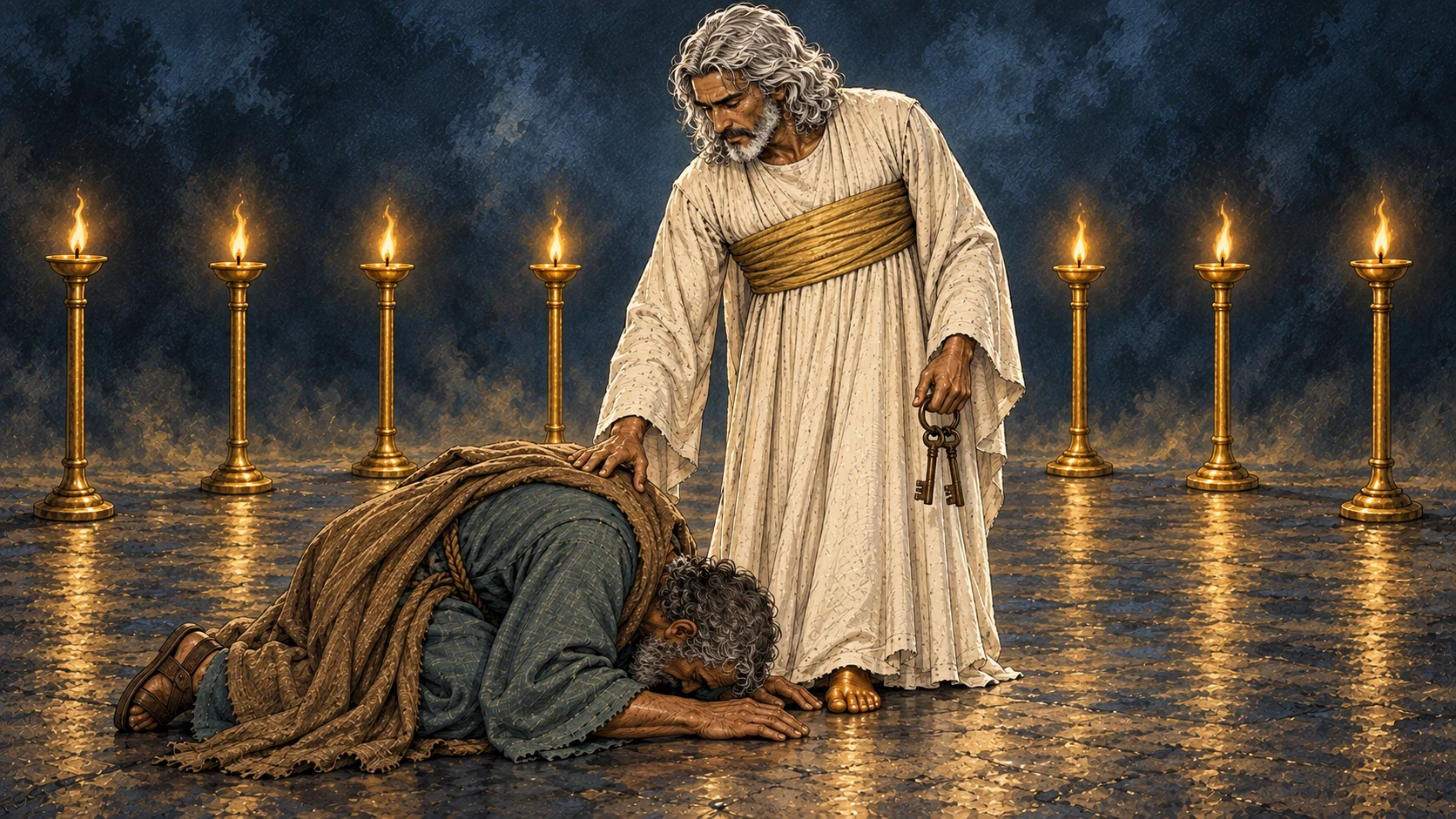 Christ rests his right hand on John, who is bowed at his feet, while holding keys in his left hand.