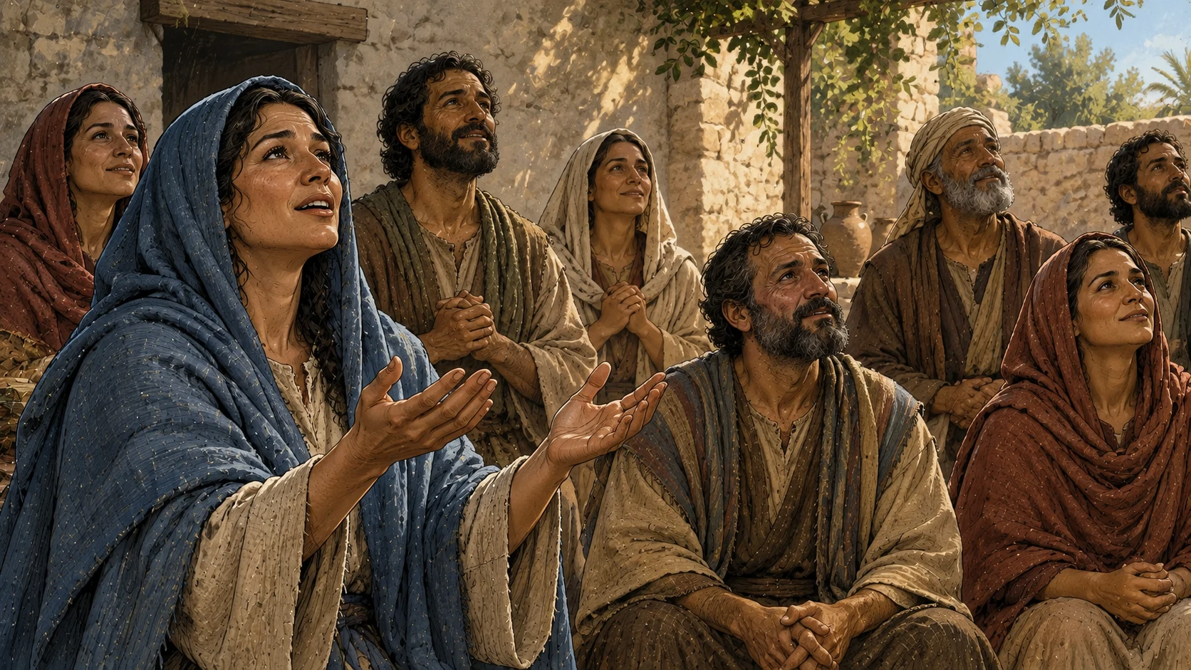 An early community offers grateful praise in a modest courtyard.