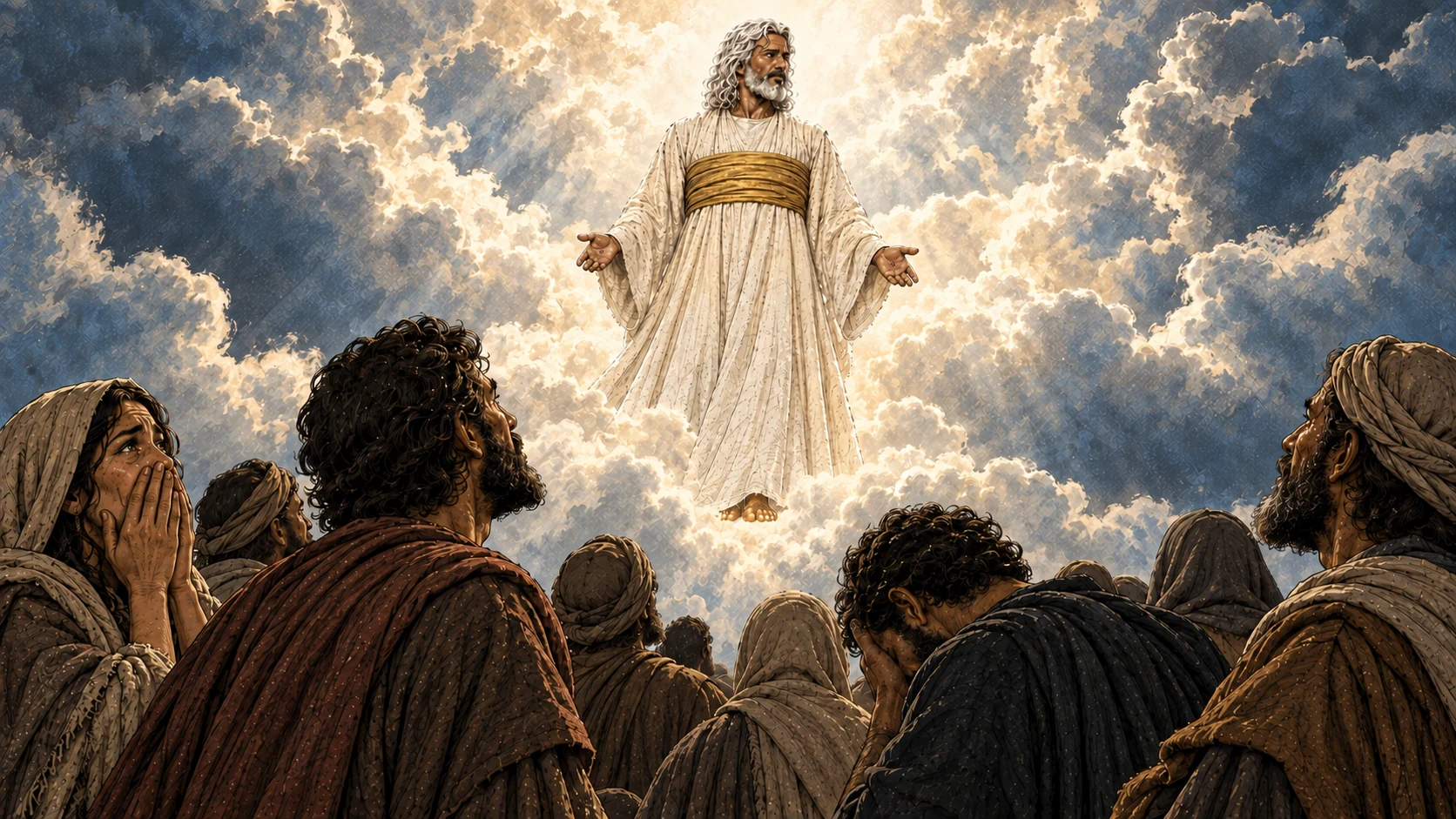 Christ appears with the clouds while people below look up in grief and awe.