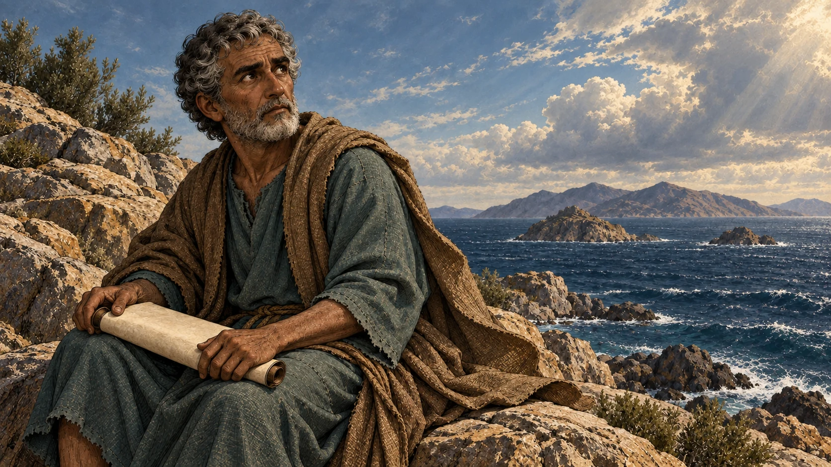 John sits on the rocky Patmos shore with a scroll and listens to an unseen voice.