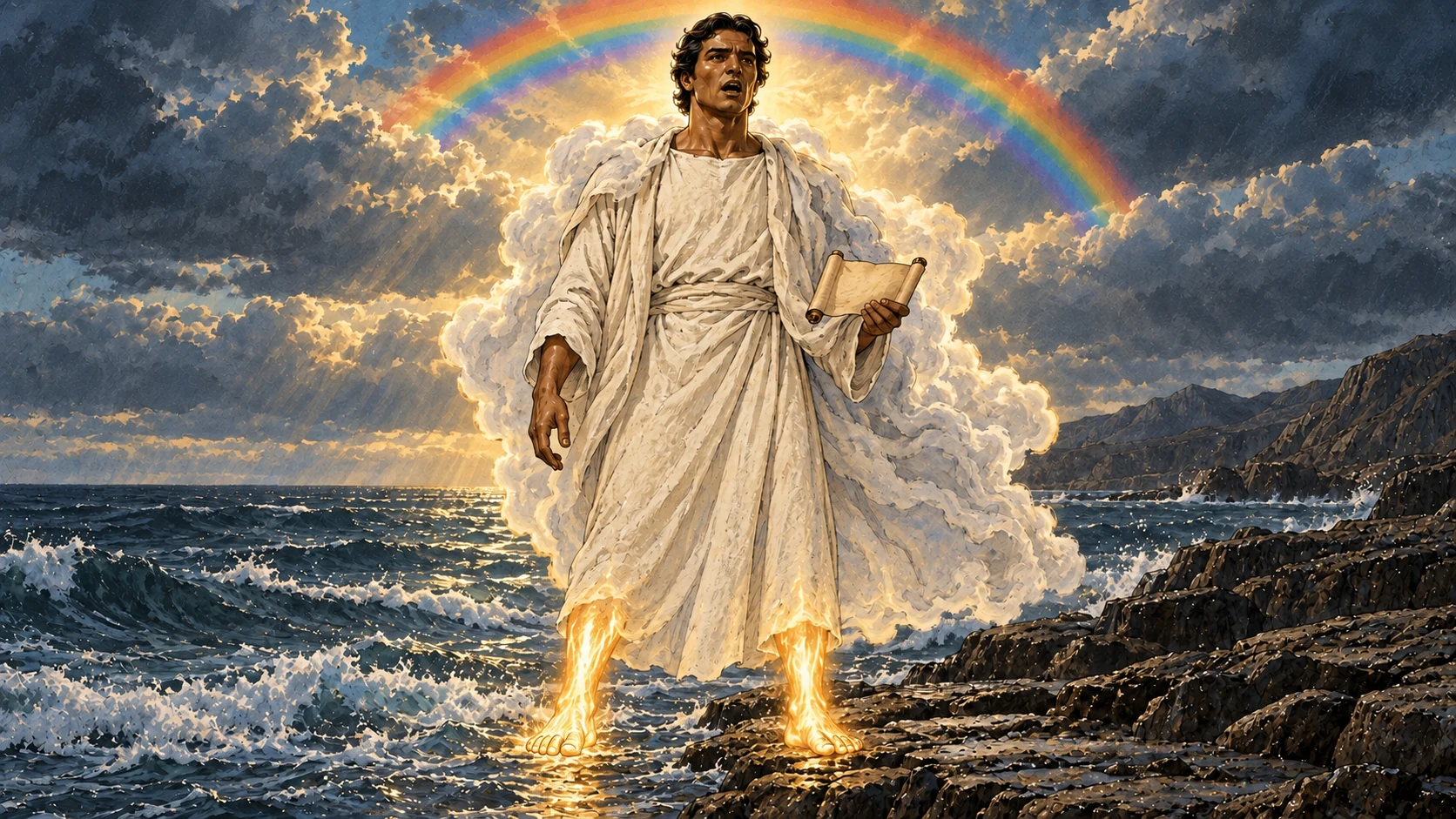 The cloud-clothed mighty angel calls out while standing on sea and land with an open little scroll.