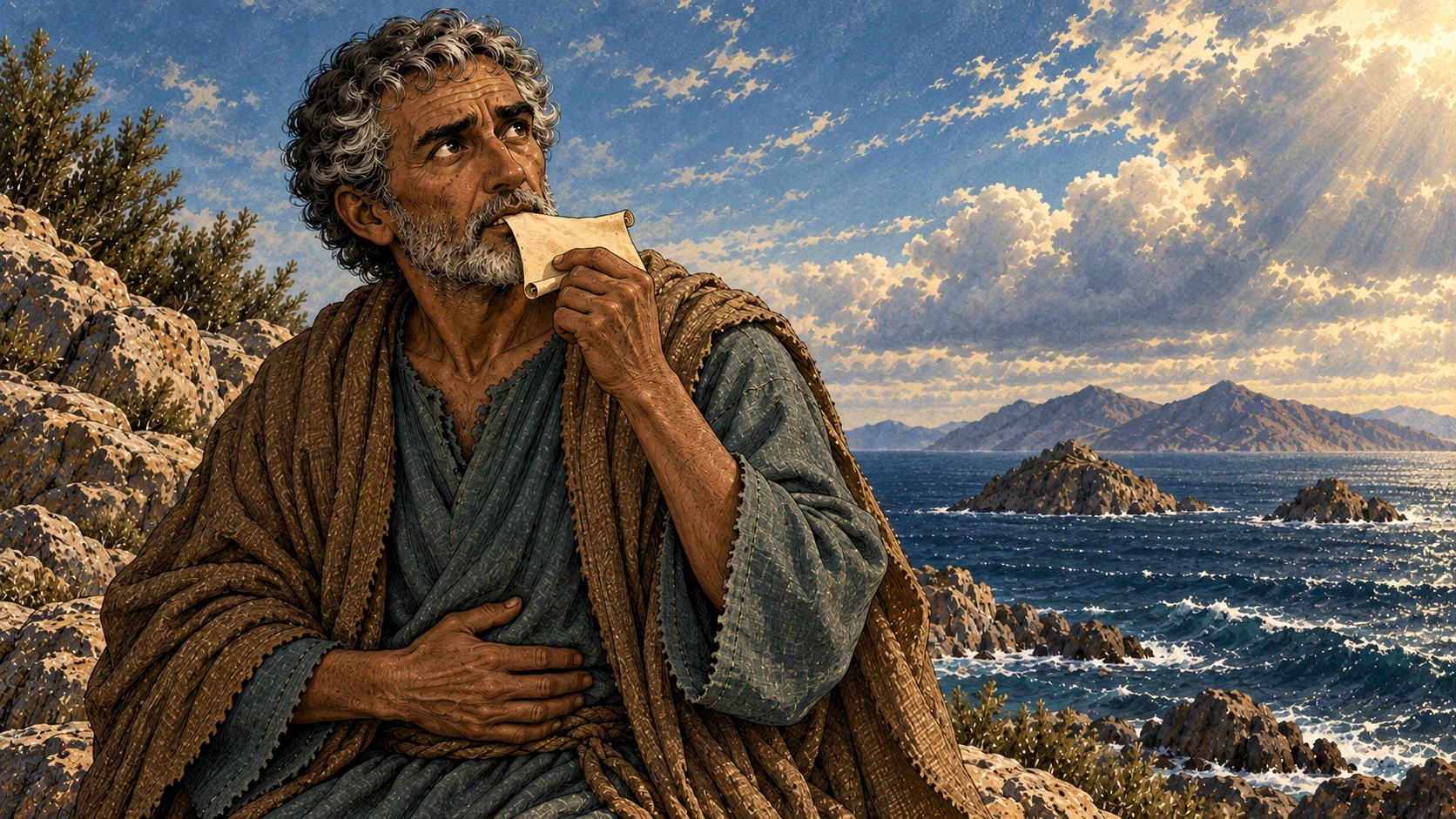 John eats the little scroll while resting a hand against his abdomen.