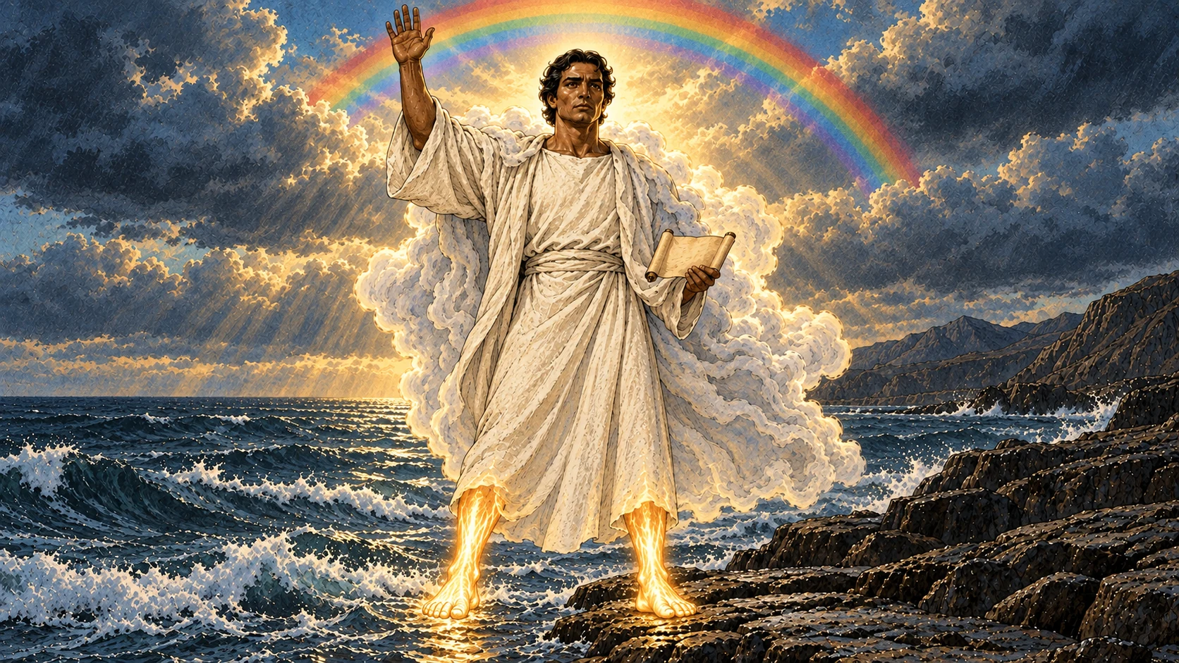 The mighty angel raises his right hand toward heaven while holding the little scroll.