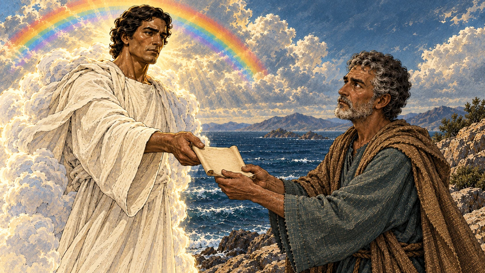 John receives the opened little scroll from the mighty angel.