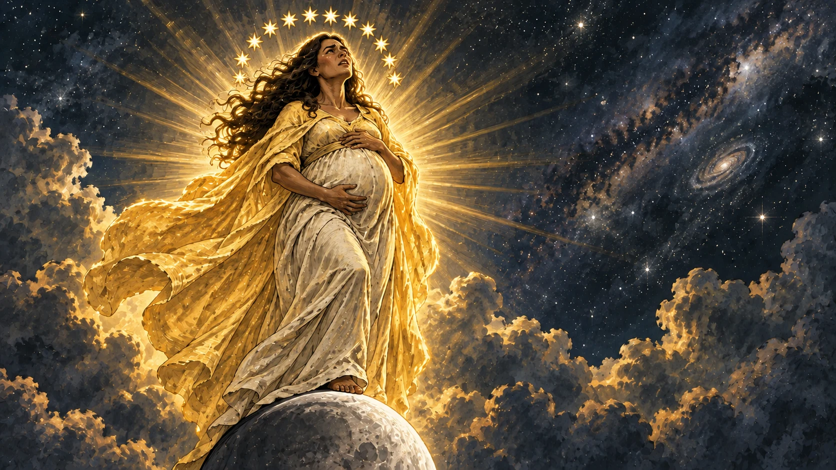 A sun-clothed pregnant woman stands above the moon beneath a crown of twelve stars.