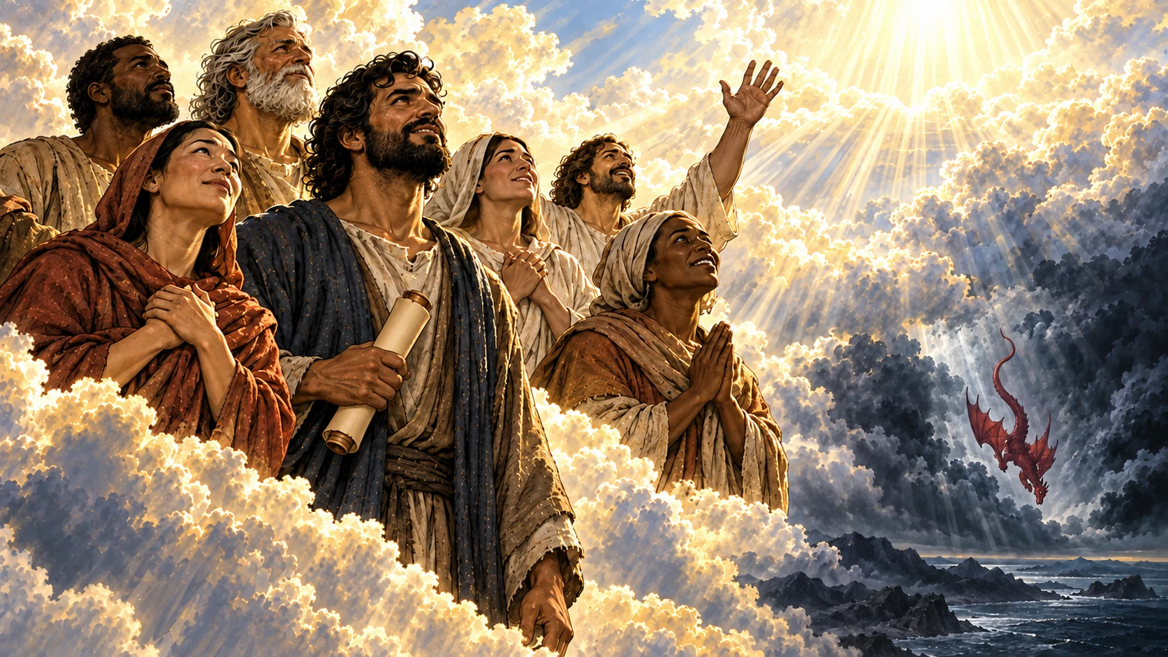 Witnesses rejoice in light above the earth and sea while a distant red dragon descends into dark cloud.