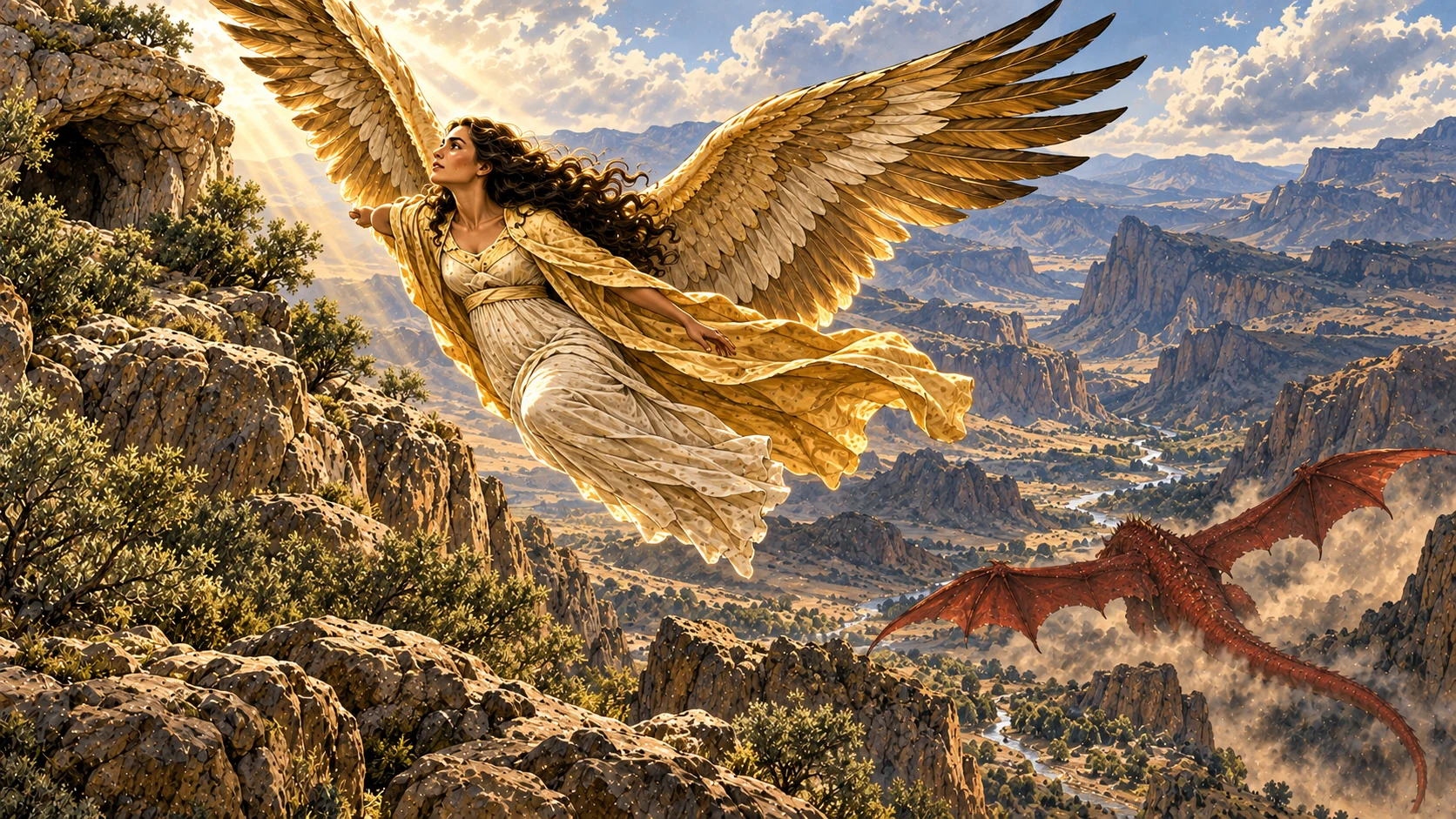 The woman flies on two eagle wings toward the wilderness while the red dragon pursues below.