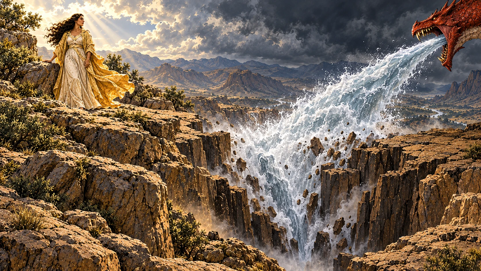 A torrent from the dragon’s mouth plunges into a chasm before it can reach the woman.