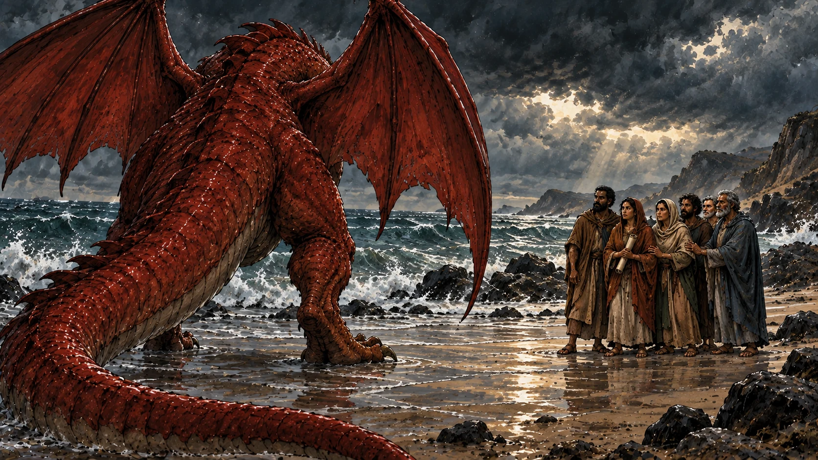 The red dragon stands on a stormy seashore opposite a small group of steadfast believers.