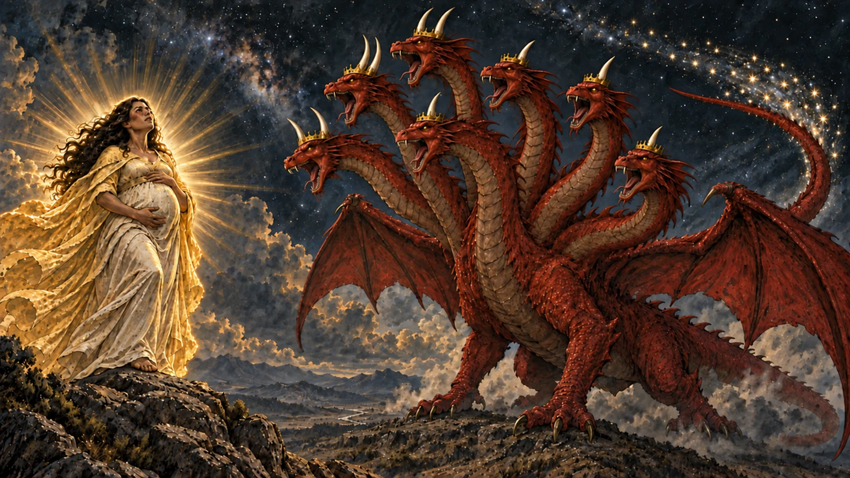 A seven-headed red dragon with ten horns and seven diadems sweeps stars with its tail before the pregnant woman.