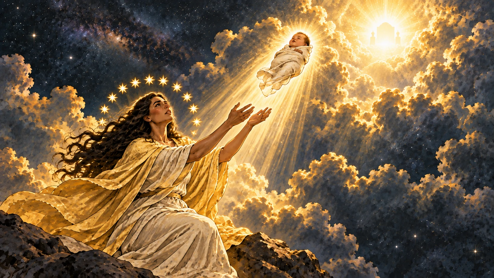 A swaddled child is caught upward in light as the woman reaches toward him below a distant veiled throne.