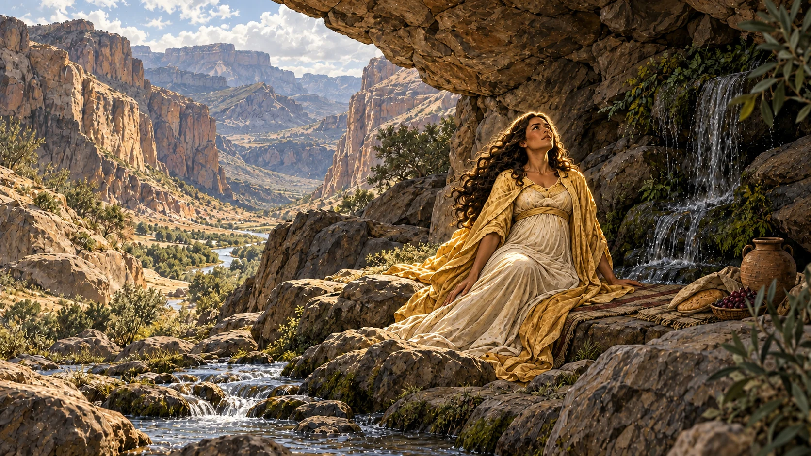 The woman rests in a sheltered wilderness beside water and modest food.