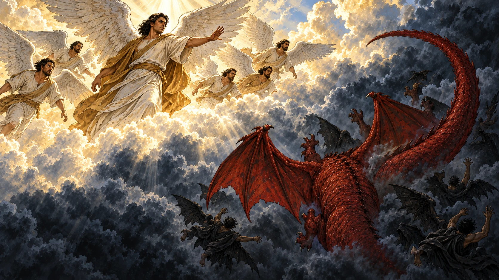 Michael and his angels hold the bright heavens as the red dragon, seen from behind, and its angels fall into dark clouds.