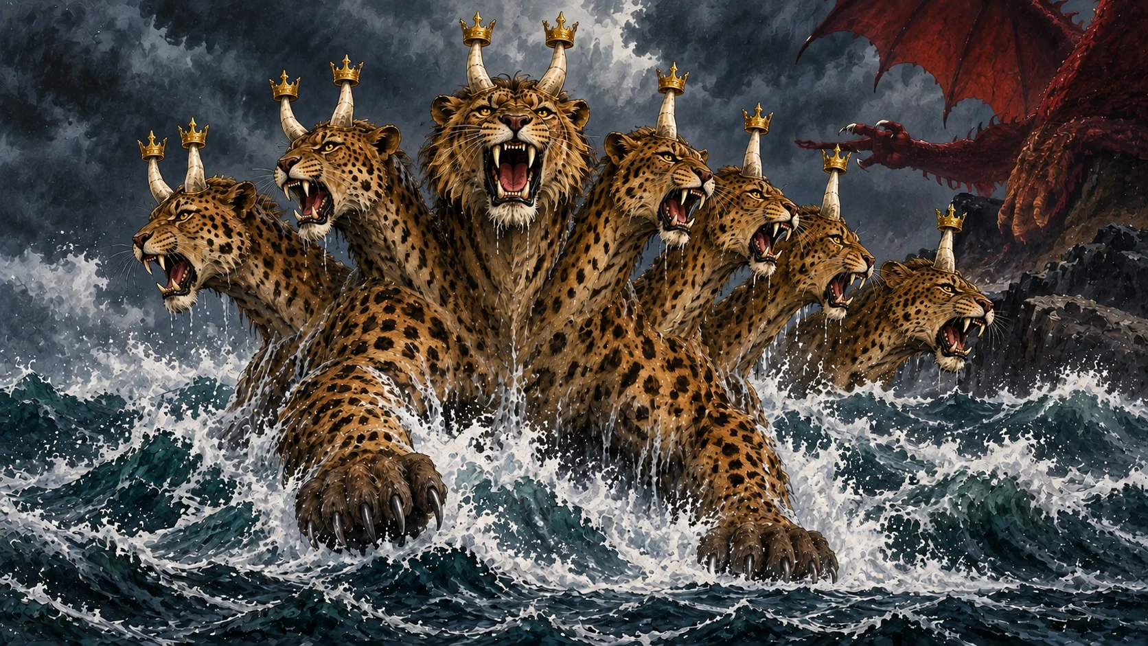 A seven-headed, leopard-spotted beast with ten crowned horns and bear-like paws rises from the sea while a separate red dragon waits behind.