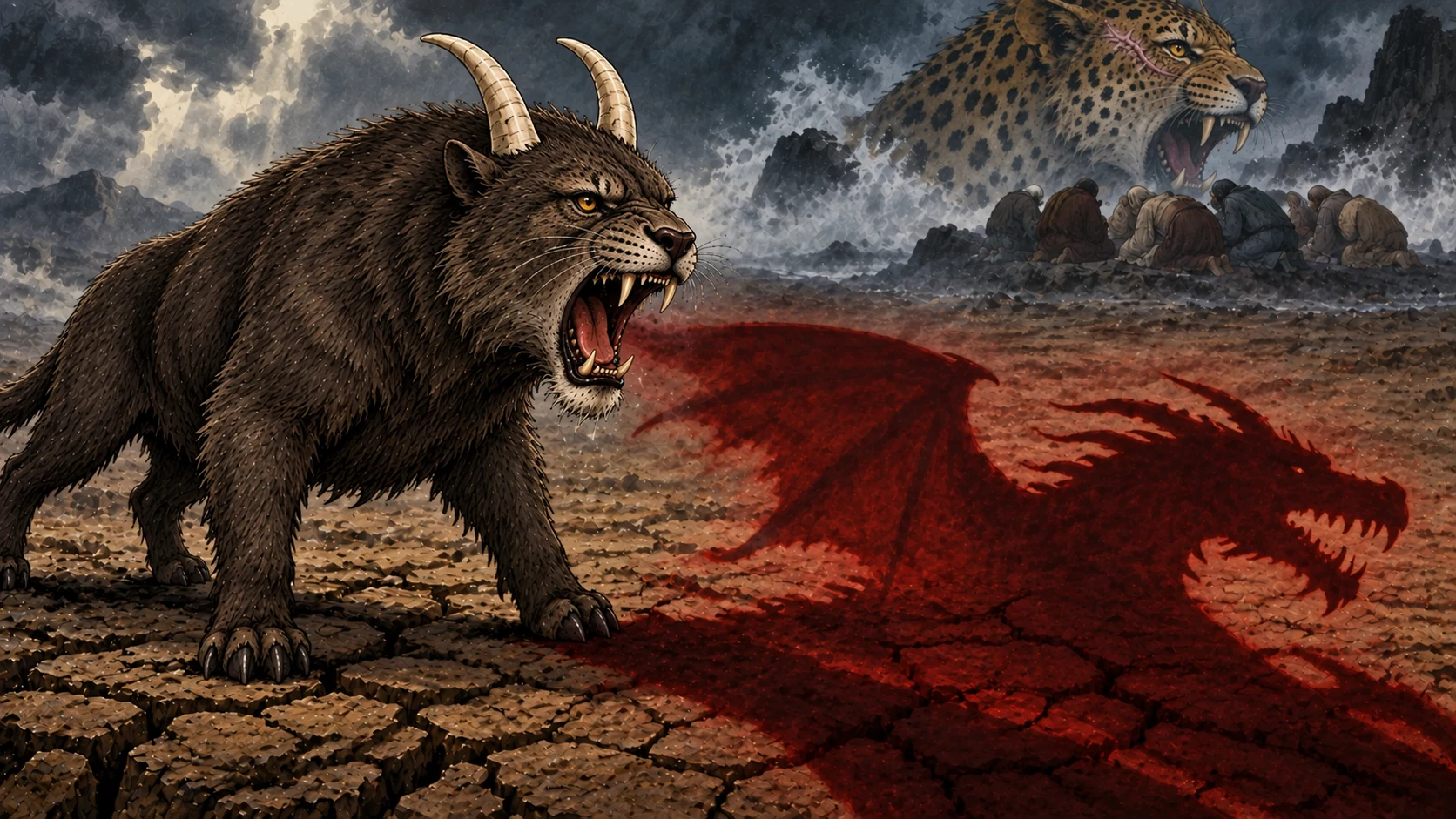 A dark earth beast with two pale horns casts a dragon-like red shadow while people bow before the distant scarred sea beast.