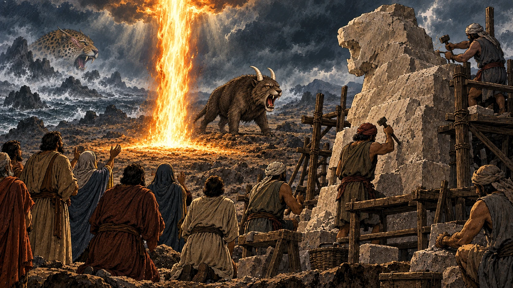 Fire falls before the two-horned earth beast as ancient stoneworkers begin an image of the sea beast.