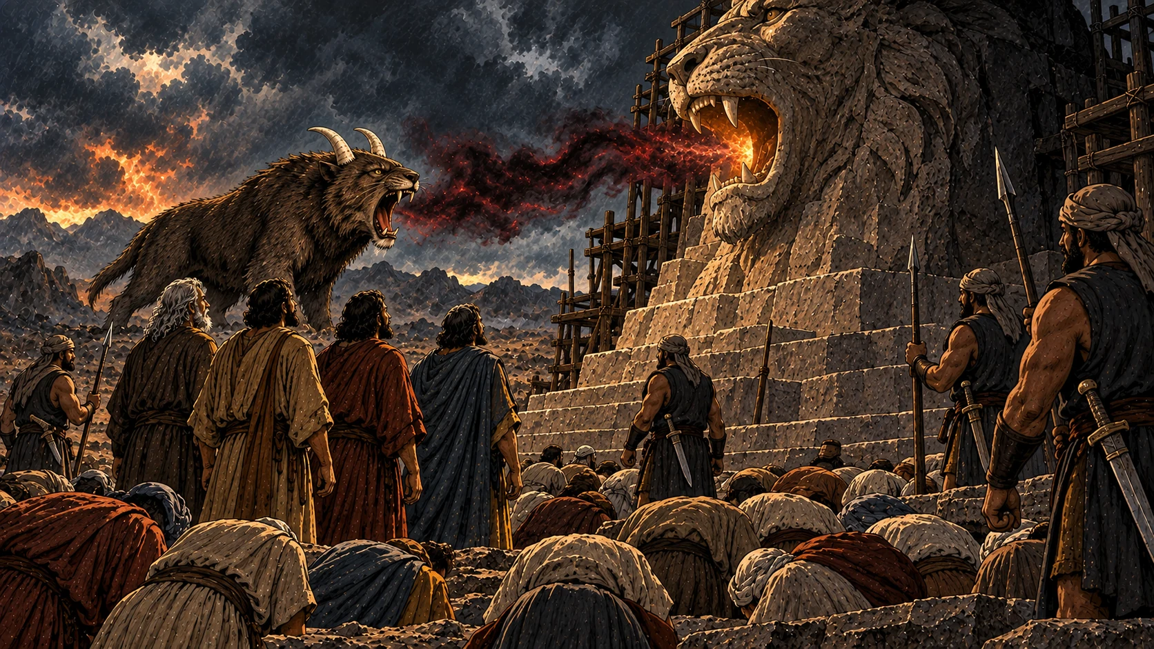 The two-horned earth beast gives breath to a stone image while guards threaten people who remain standing.