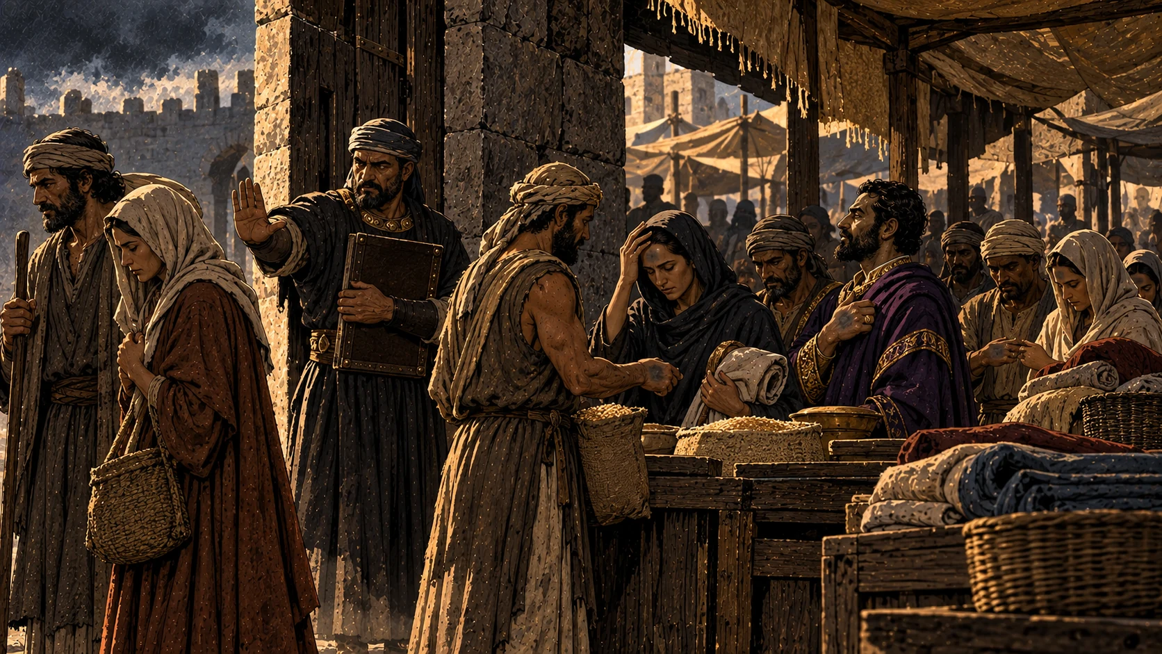 A gatekeeper refuses two adults at an ancient market while others are allowed to trade.