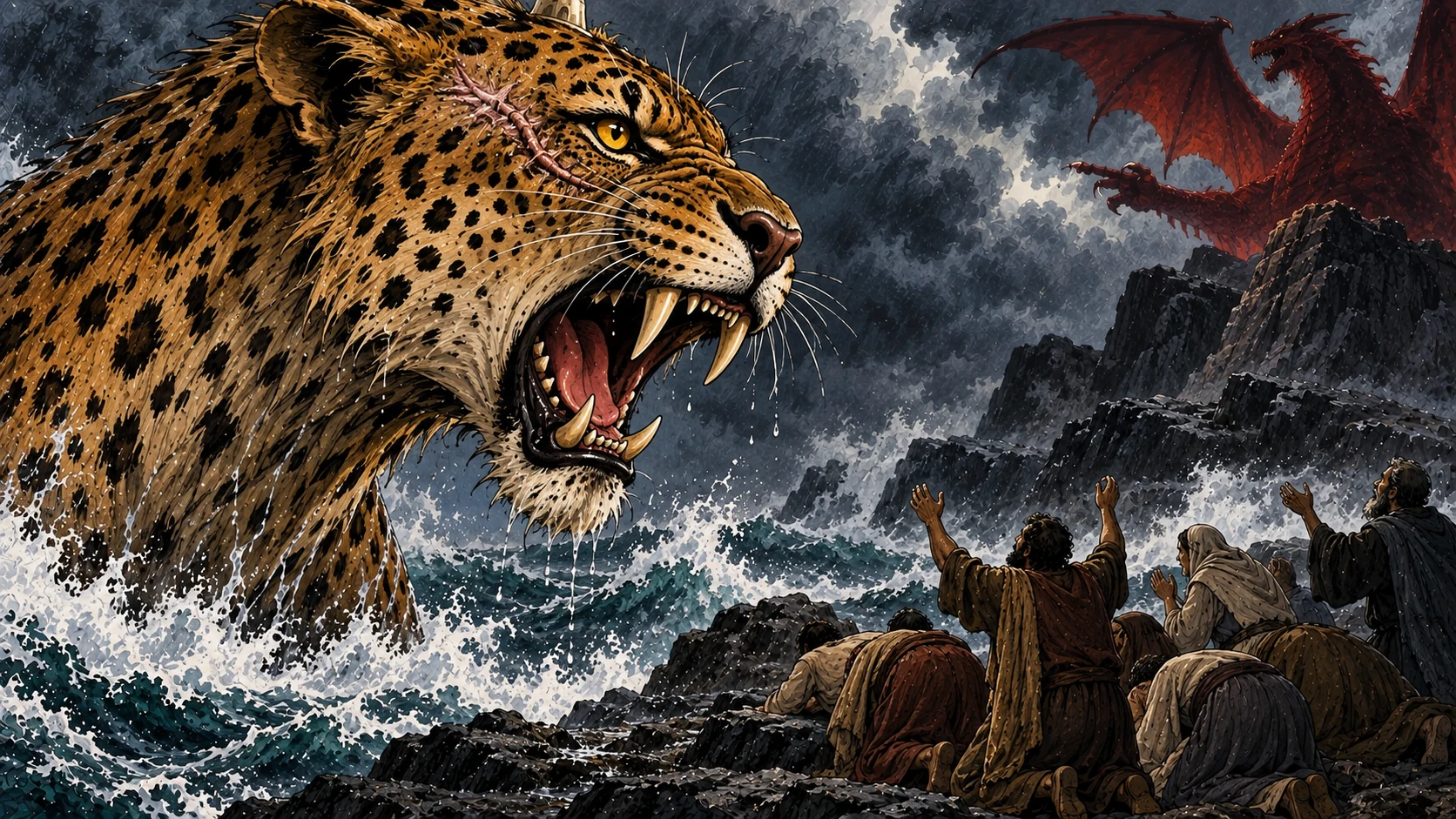 A healed scar marks one head of the sea beast while ancient onlookers bow and the red dragon looms behind.