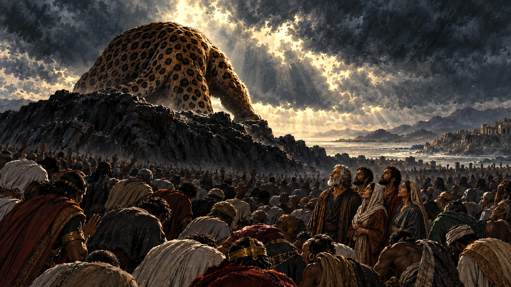 A vast crowd bows beneath the spotted sea beast while a small group remains standing together.