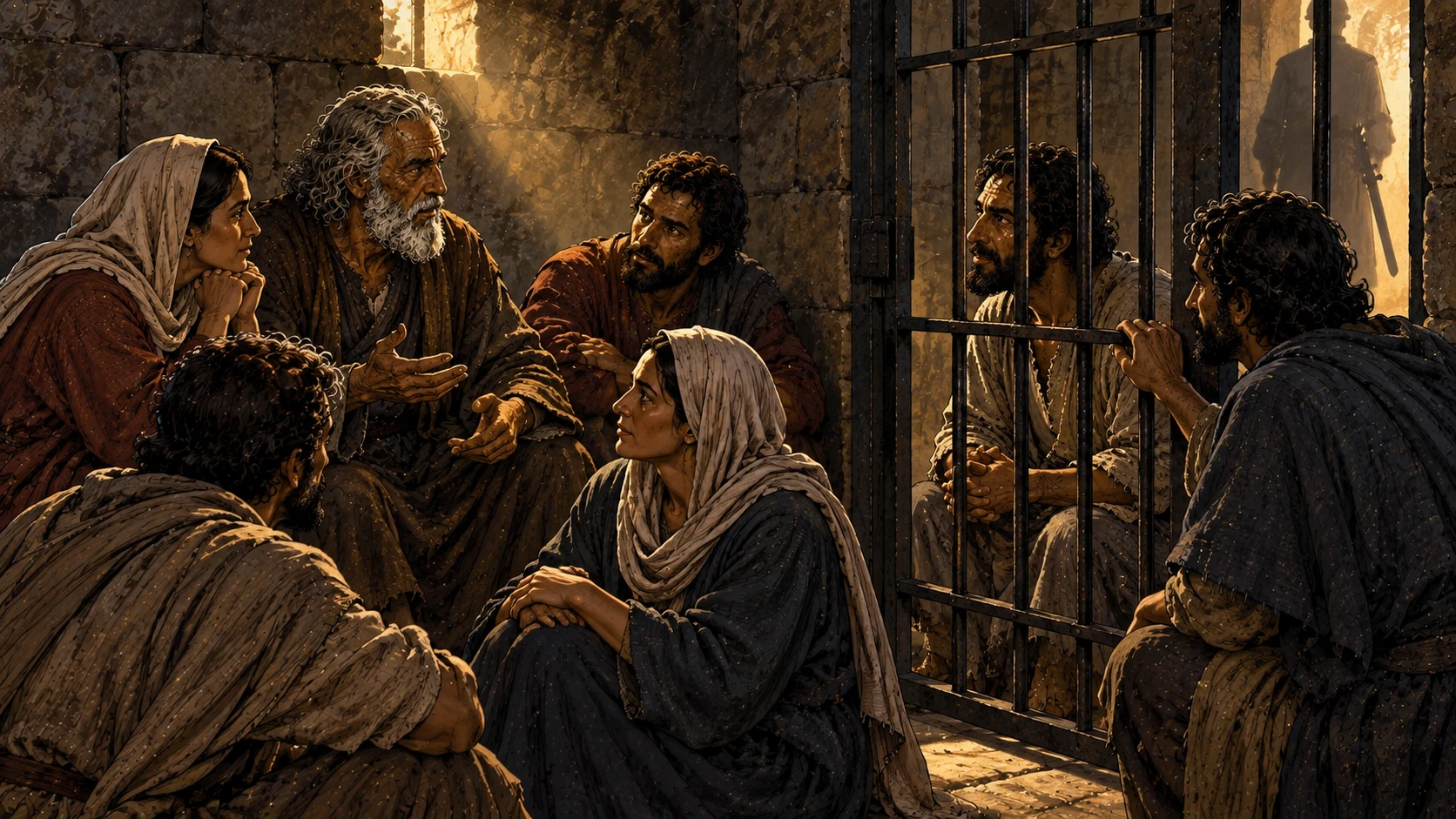 Believers encourage one another beside an ancient holding gate while a sword-bearing shadow stands far beyond.
