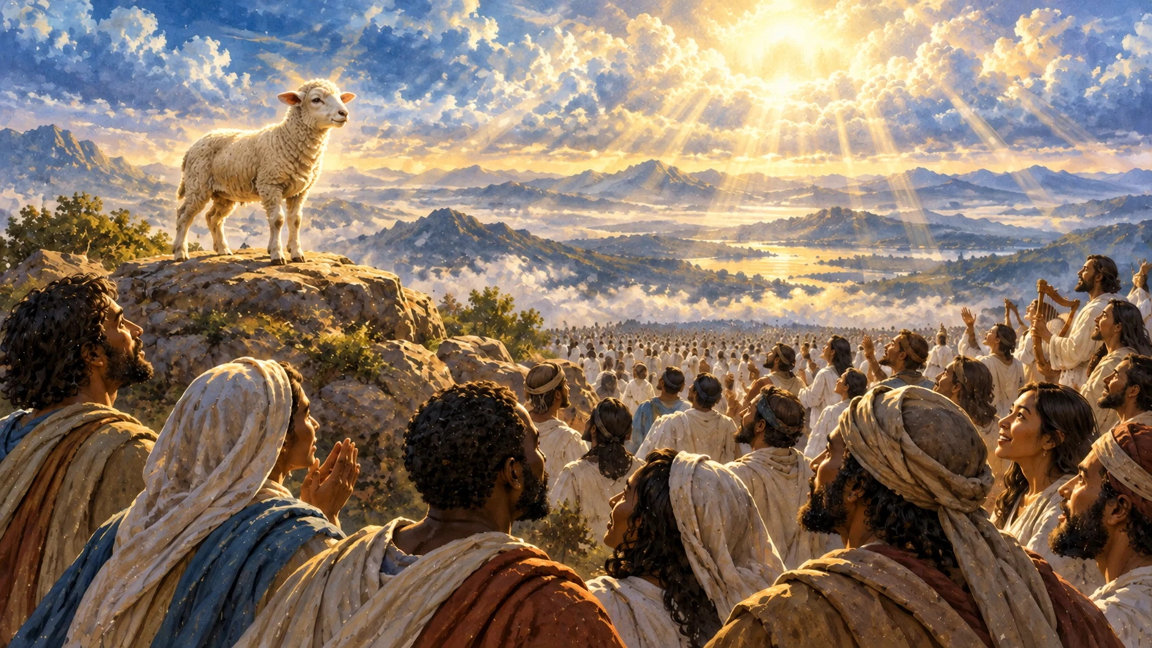 The Lamb stands on Mount Zion before a vast gathering as light opens in the sky and harpists join the song.