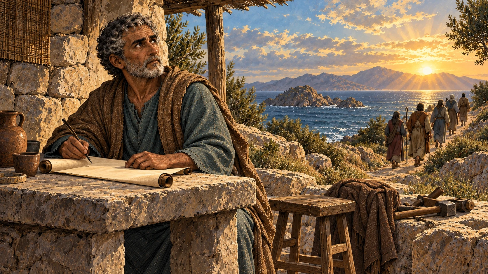 John writes after hearing a voice while an empty work stool and folded cloak rest by the Patmos shore.