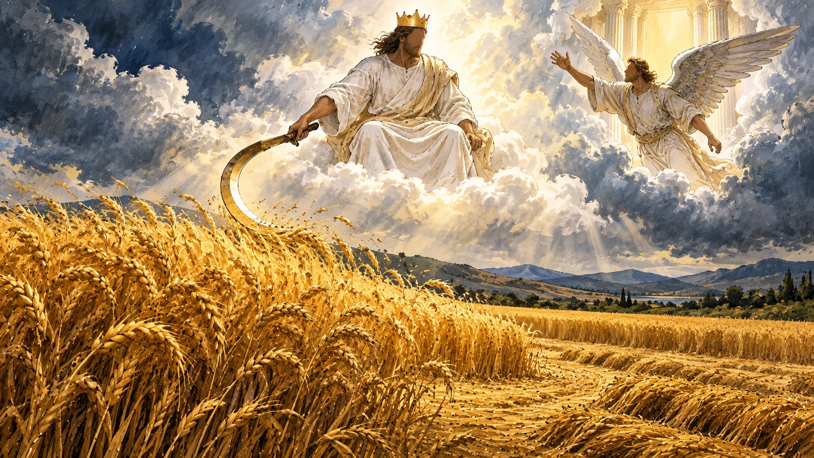 A crowned figure seated on a white cloud extends a sickle over ripe grain while an angel calls from above.