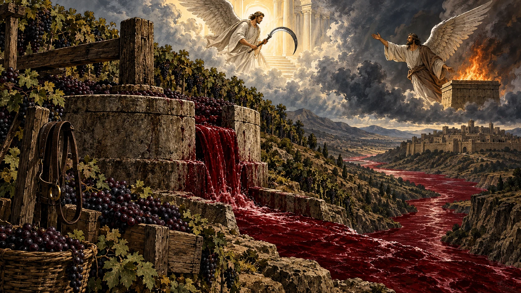 Two angels oversee a vast grape winepress outside an ancient city as a crimson stream runs down the valley.