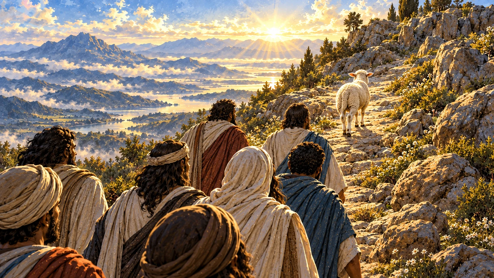 A small group of robed followers walks behind the Lamb on a sunlit path over Mount Zion.
