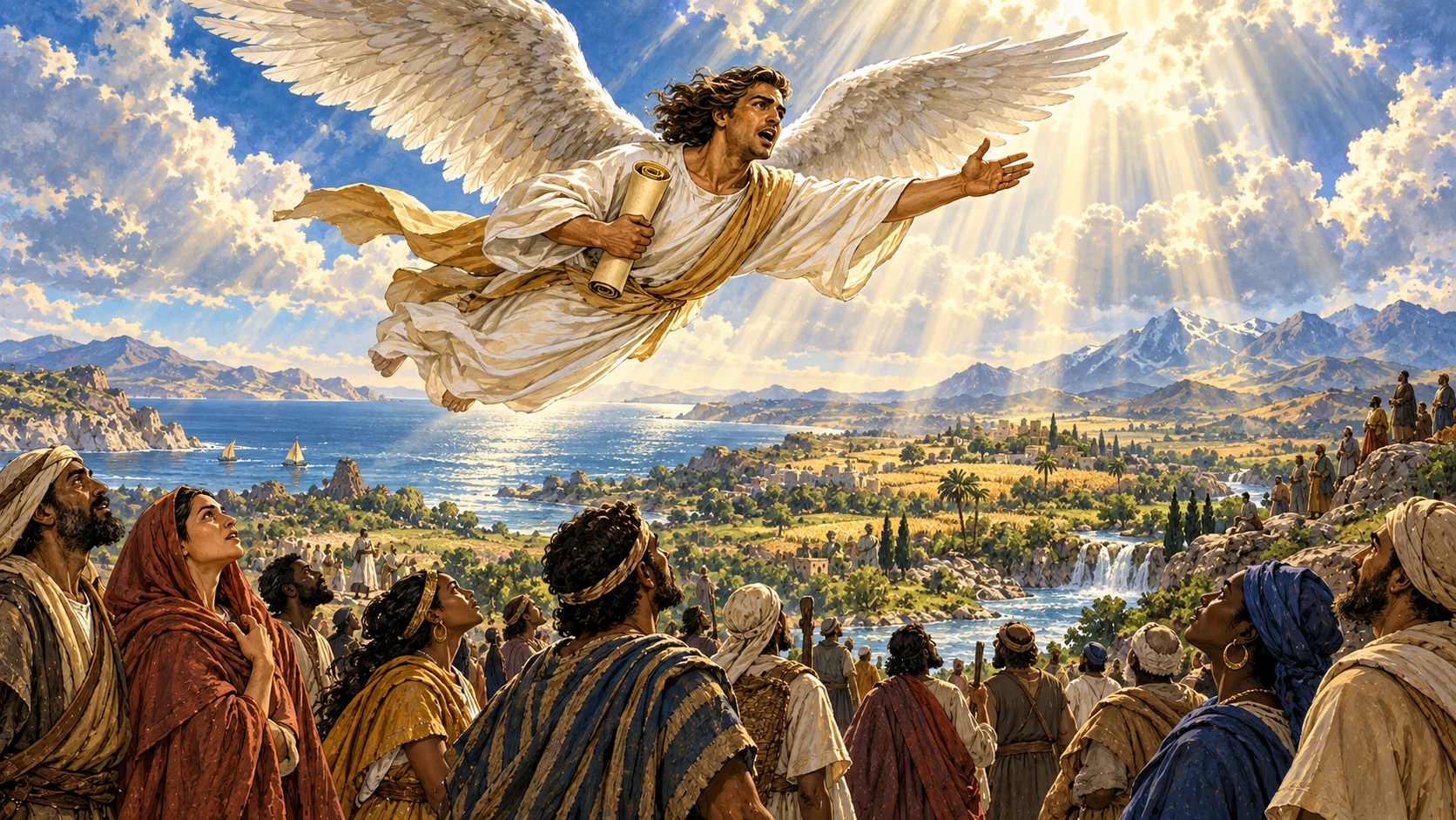 An angel with two plain wings proclaims above people looking up across land, sea and freshwater.
