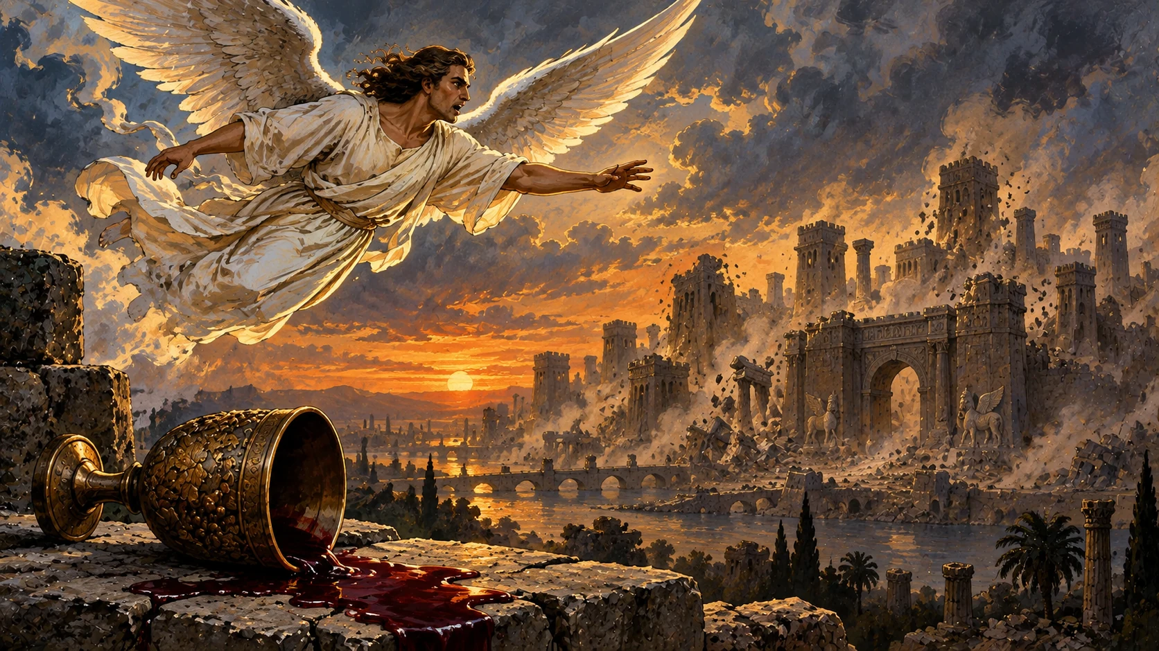 A second angel announces above a collapsing ancient symbolic city as a cup of dark wine spills in the foreground.