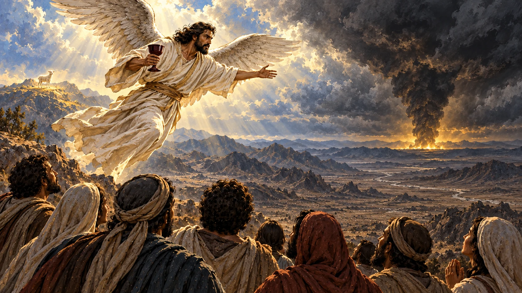 A third angel warns listeners as smoke rises from a distant barren valley and the Lamb stands on a far ridge.