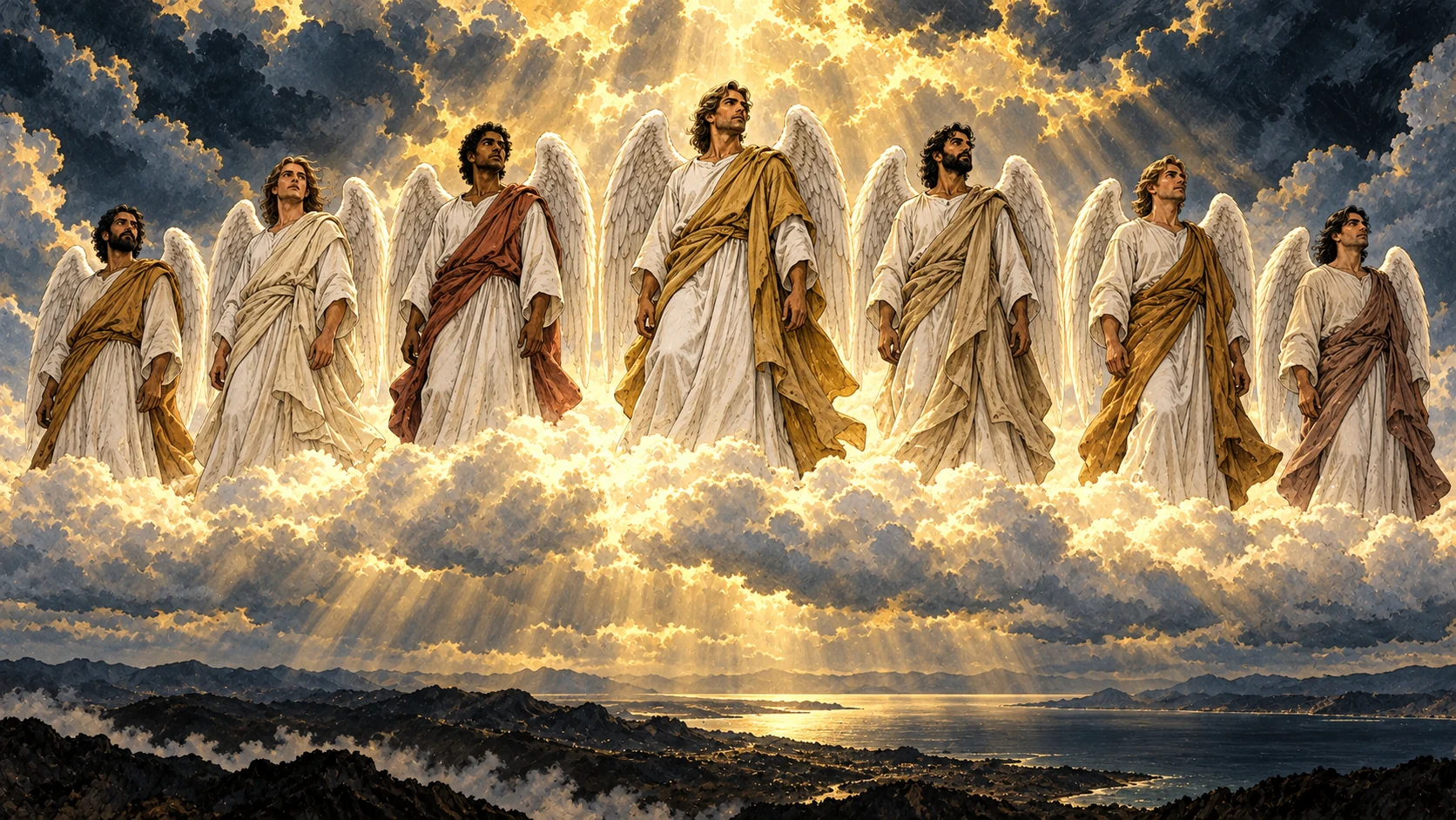 Seven angels stand in a broad arc across luminous heaven above a dark coast.