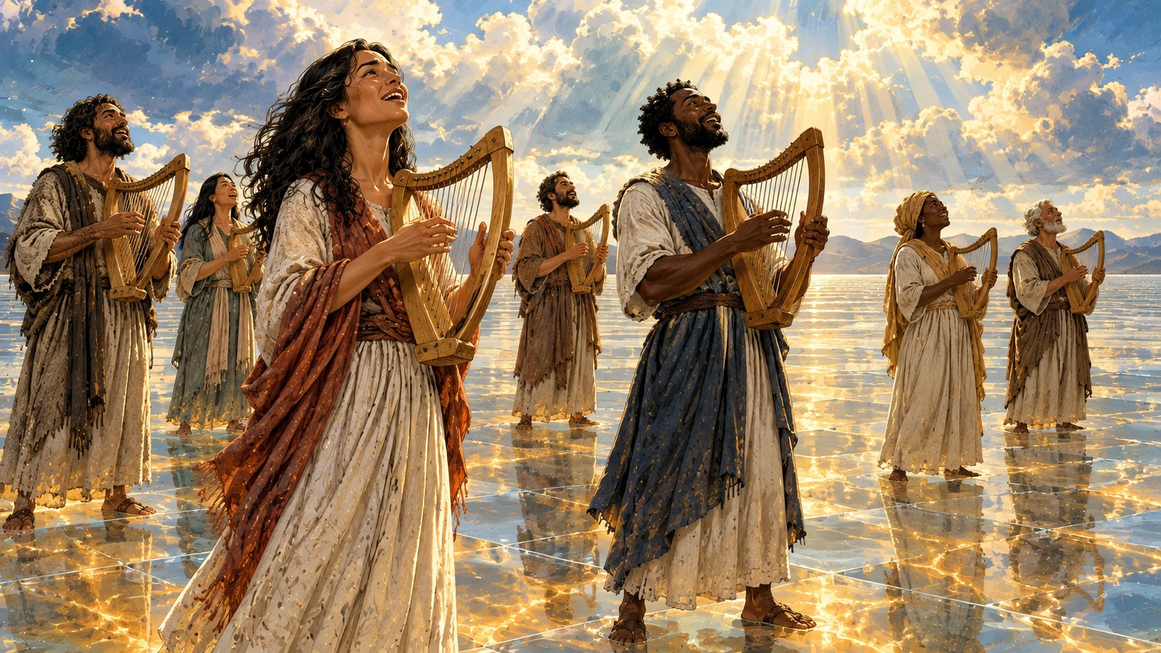 Victors holding harps sing while standing on a reflective sea of glass lit with fire.