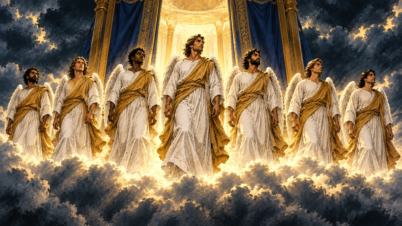 Seven angels in bright linen and golden sashes emerge from an opened heavenly sanctuary.