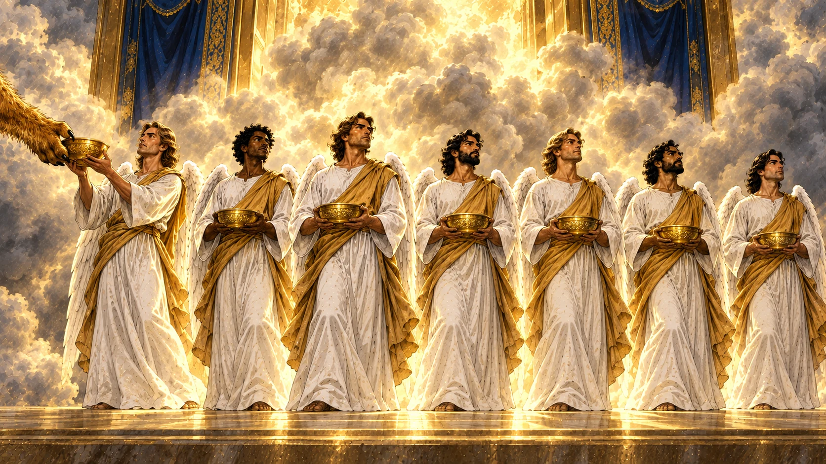 Seven angels hold seven golden bowls as a living creature’s forelimb completes the handoff before a smoke-filled sanctuary.