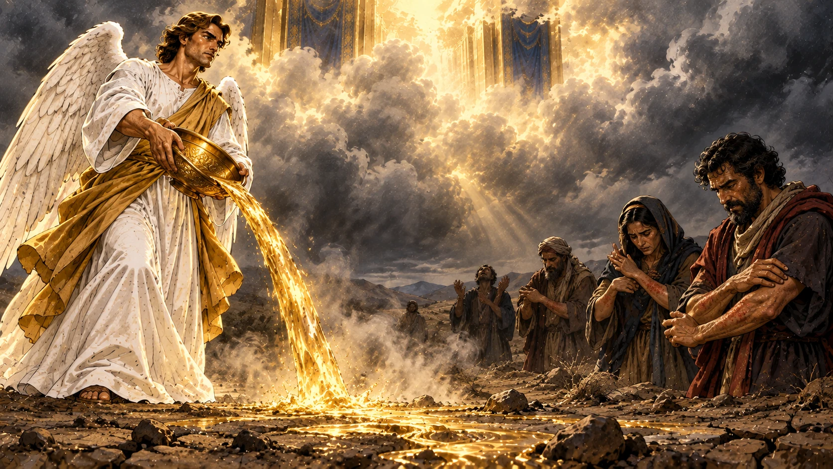 The first angel pours a golden bowl onto earth as adults notice painful sores on their arms.