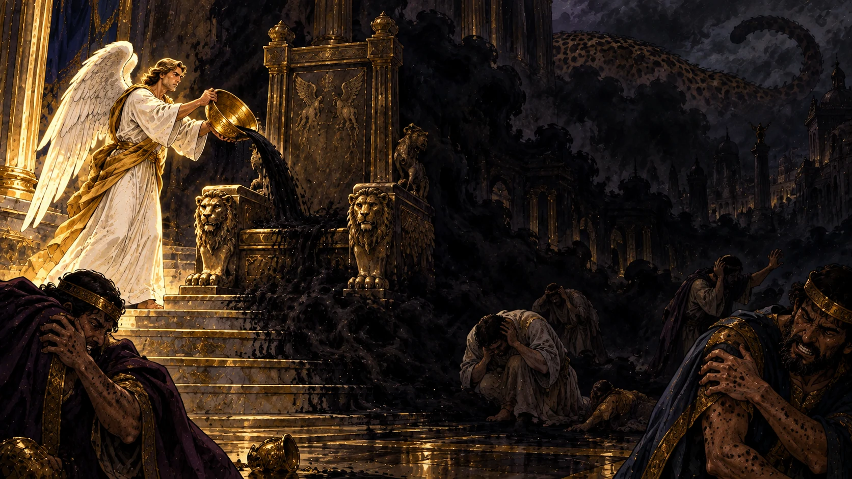 The fifth angel pours a bowl on the beast’s empty throne as darkness consumes the kingdom and adults suffer in pain.