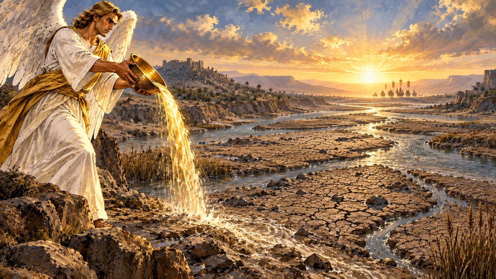 The sixth angel pours a golden bowl as the Euphrates recedes into channels and a road opens toward sunrise.