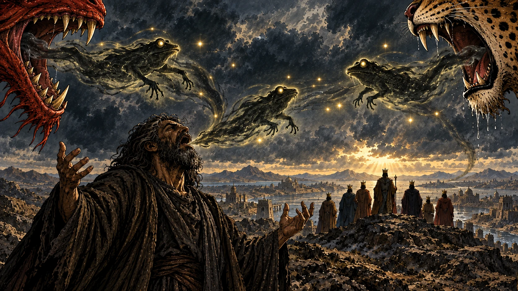 Three spectral frog-like spirits leave the mouths of the dragon, beast and false prophet and move toward distant rulers.