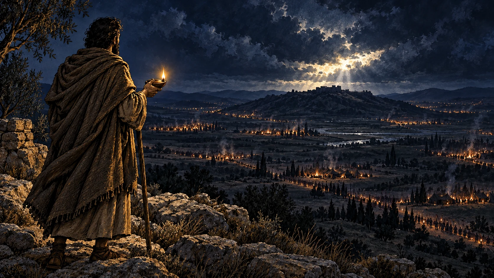A clothed watchman keeps vigil with a lamp above an ancient valley filling with distant encampments.