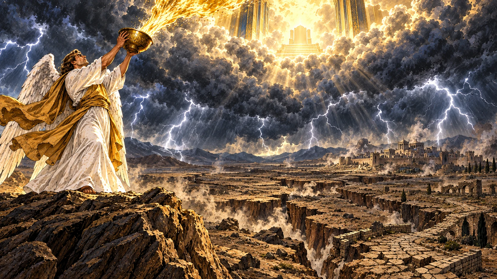 The seventh angel pours a golden bowl into the air as lightning fills the sky and a vast earthquake fractures the earth.