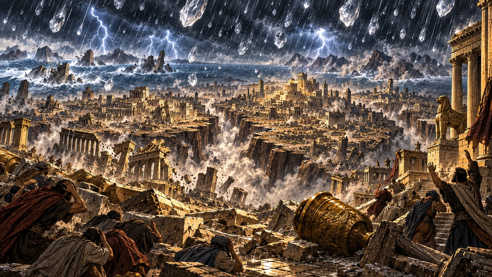 A great ancient city splits into three parts as islands and mountains vanish beneath a storm of enormous hail.